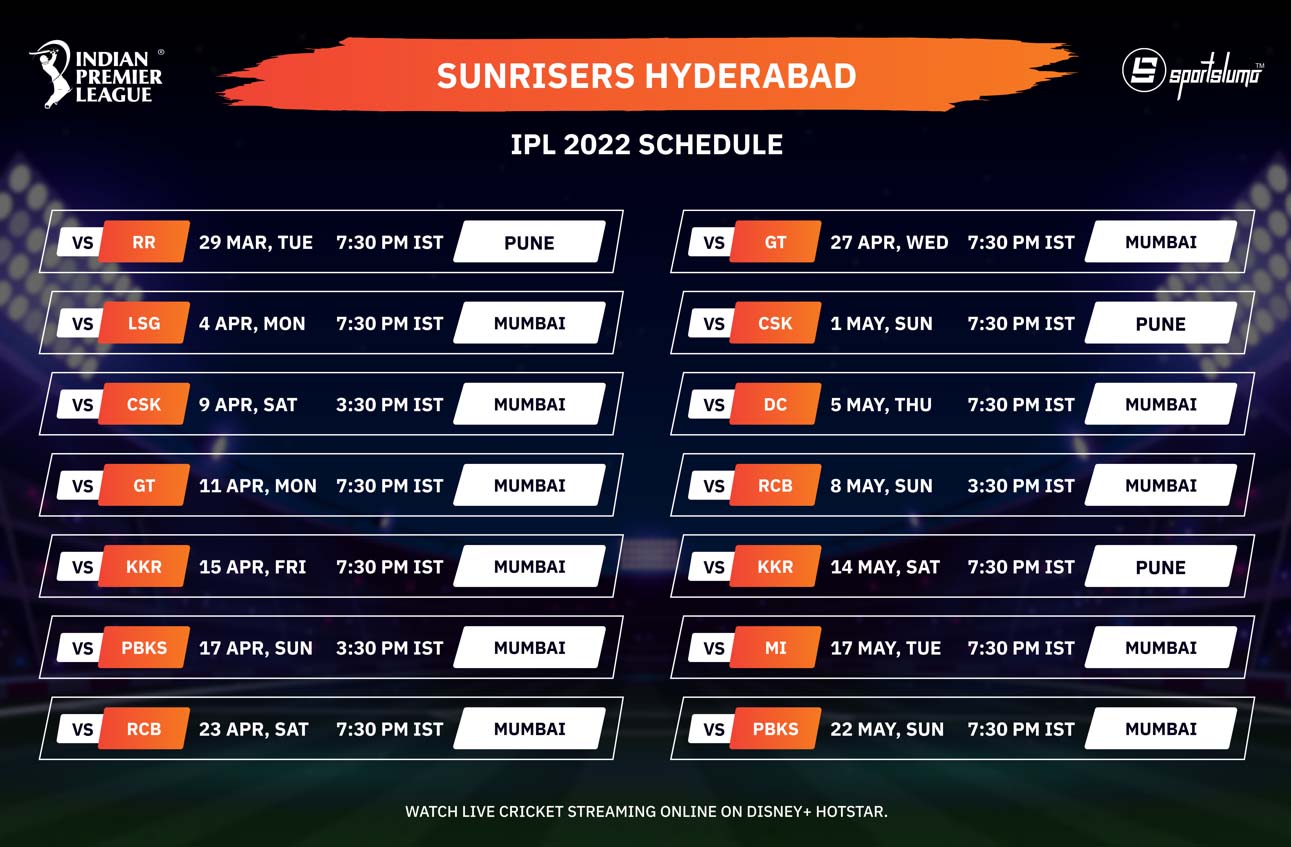 IPL 2022 SRH Full Schedule, Fixtures, Start Date, Time, and Venues