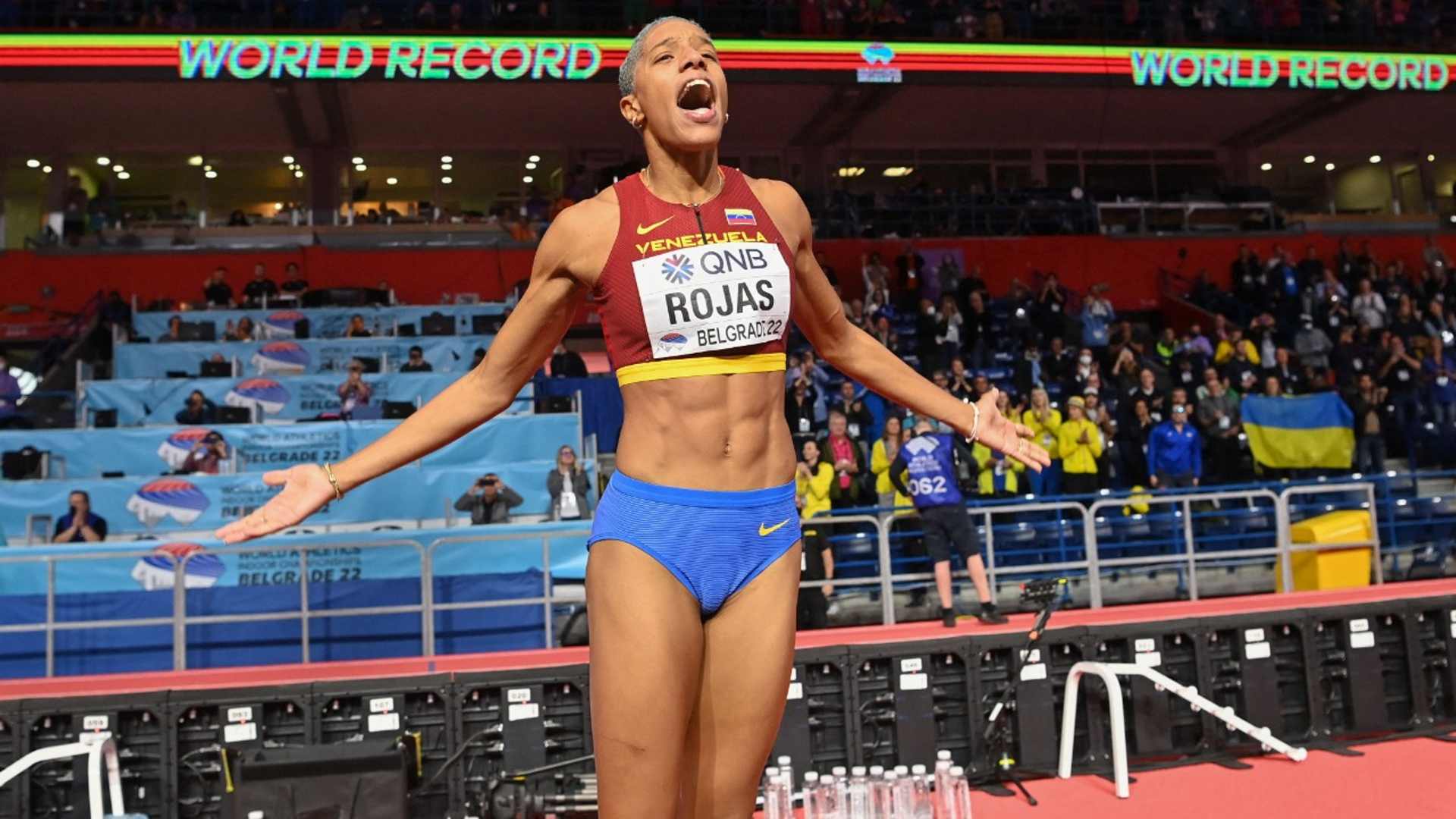 Yulimar Rojas after winning the gold medal and breaking world record in Belgrade 2022 (Image Credits - Twitter)