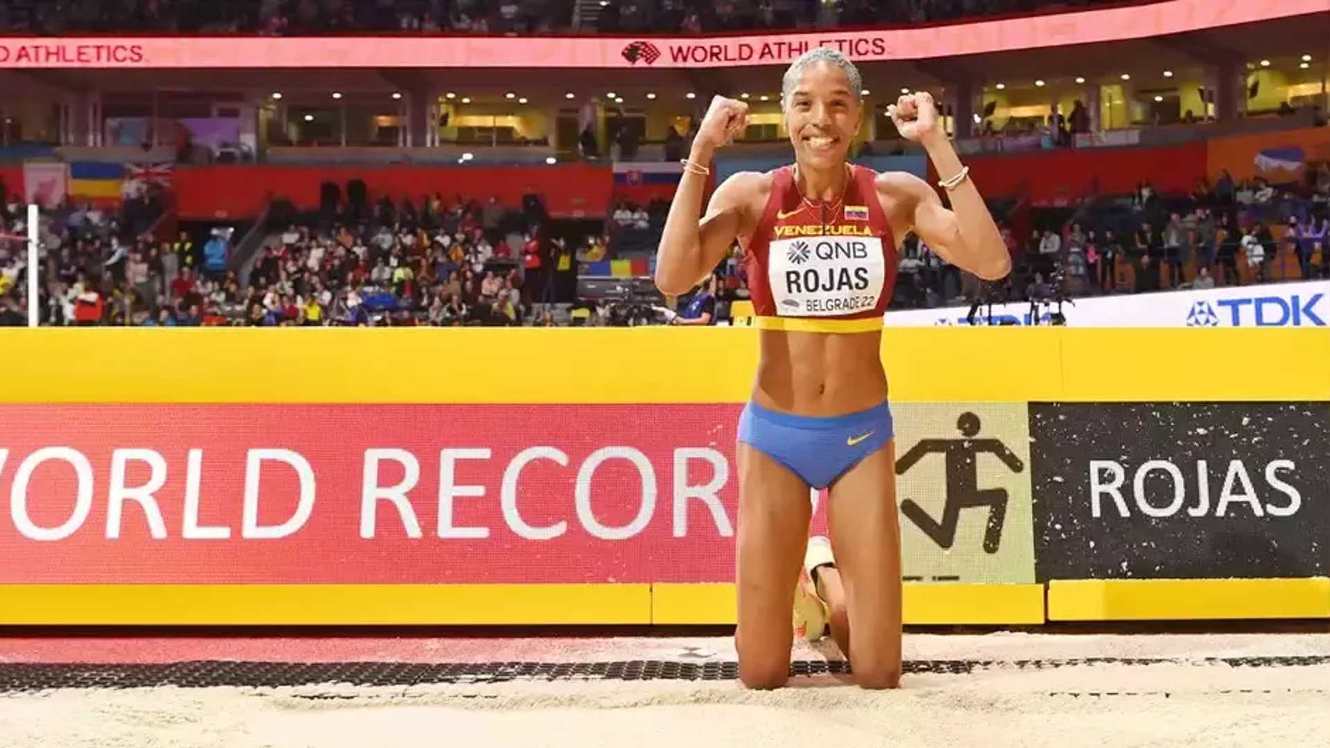Yulimar Rojas after breaking her own world record at the World Indoor Championships 2022 in Belgrade (Image Credits - Twitter)