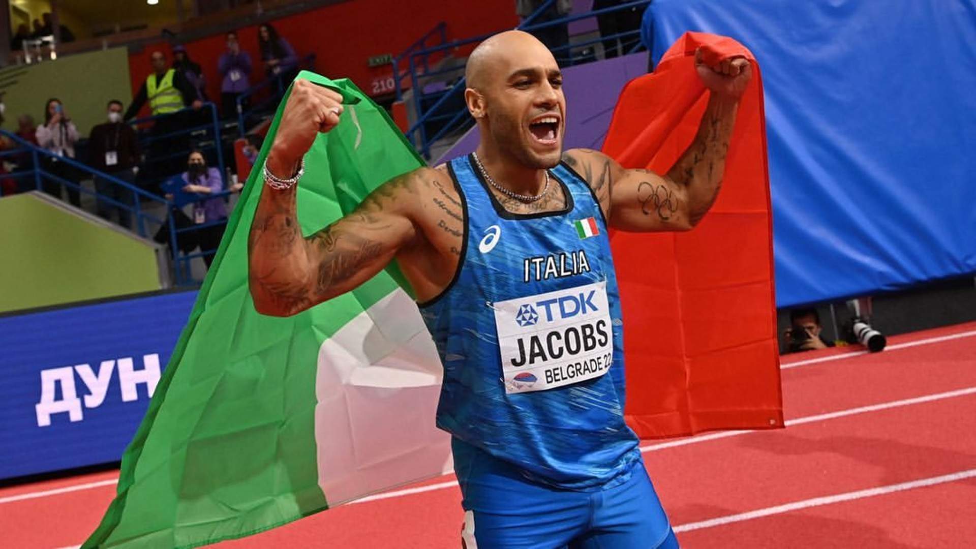 Marcell Jacobs after becoming the World Indoors champion in Belgrade (Image Credits - Instagram/@crazylongjumper)