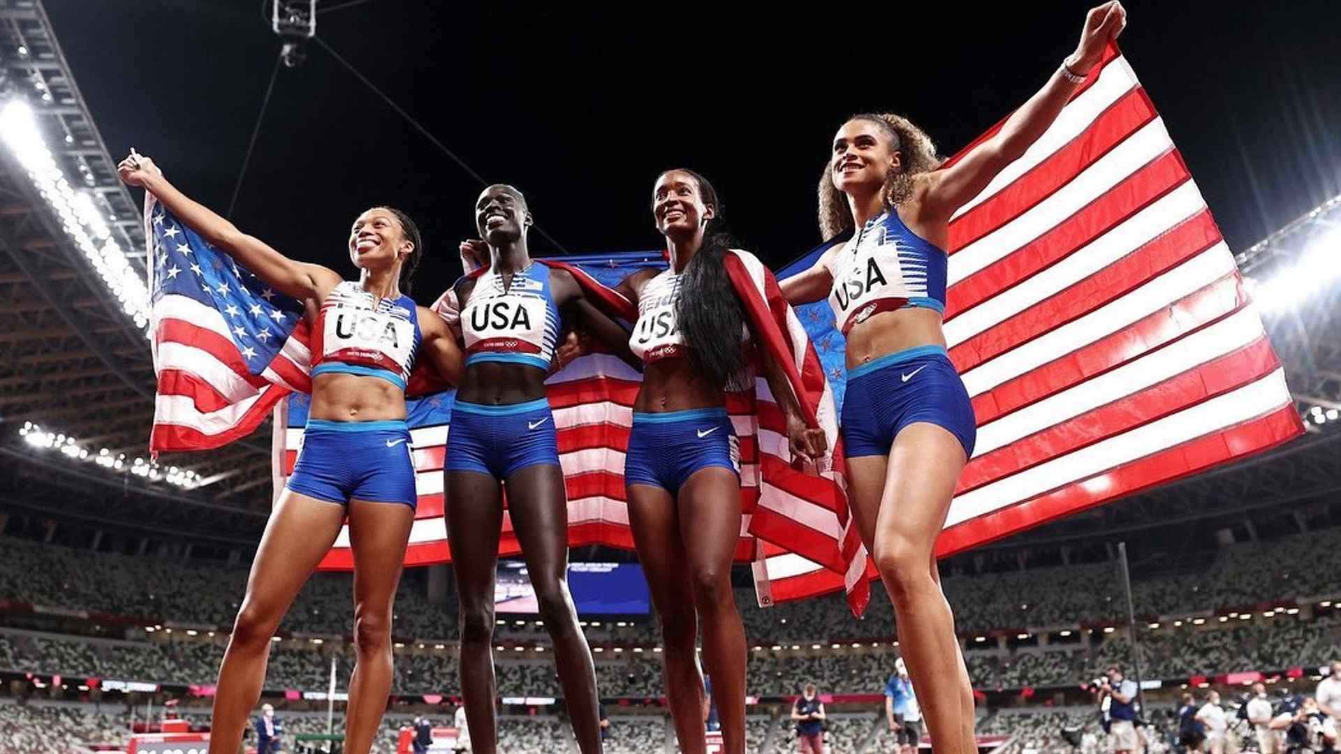 Athing Mu alongside the United States' 4 X 400m relay team comprising Sydney McLaughlin, Allyson Felix and Dalilah Muhammad after winning the gold medal at Tokyo 2020 (Image Credits - Instagram/ @athiiing)