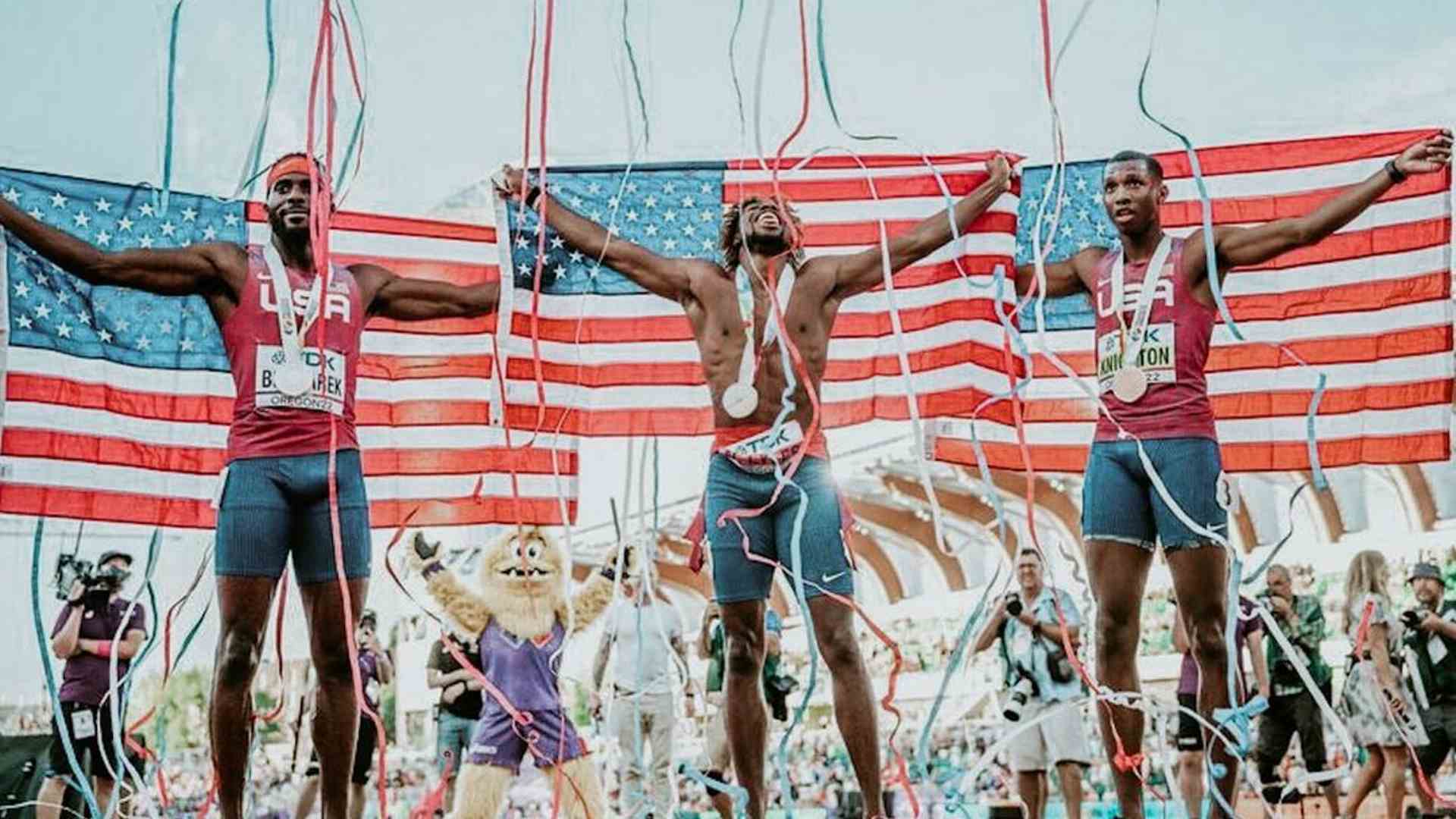 Kenny Bednarek (left), Noah Lyles (center), and Erriyon Knighton (right) swept the 200 m podium for the USA at the World Championships 2022 (Image Credits - Instagram/ @kenny_bednarek)