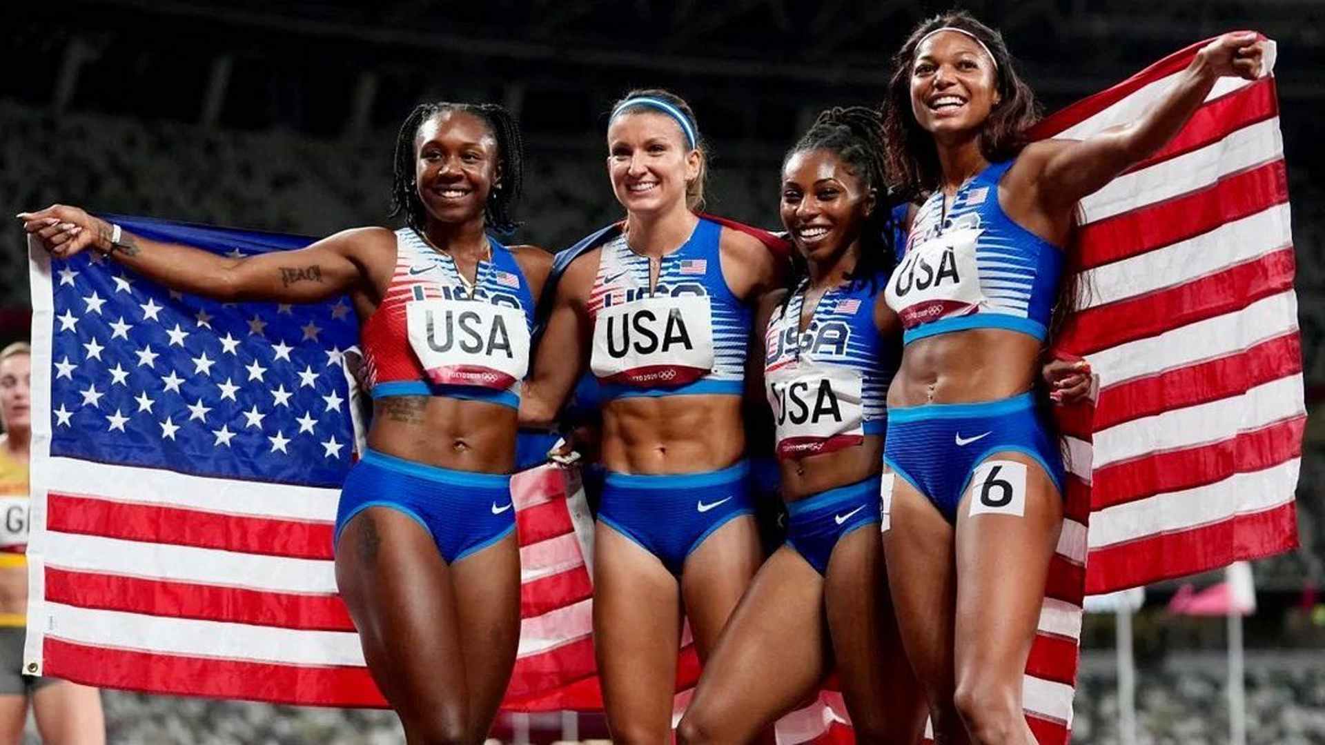 Team USA after their silver medal win at the 4X100m relay event at Tokyo Olympics 2020 (Image Credits - Instagram/ @gabbythomas)