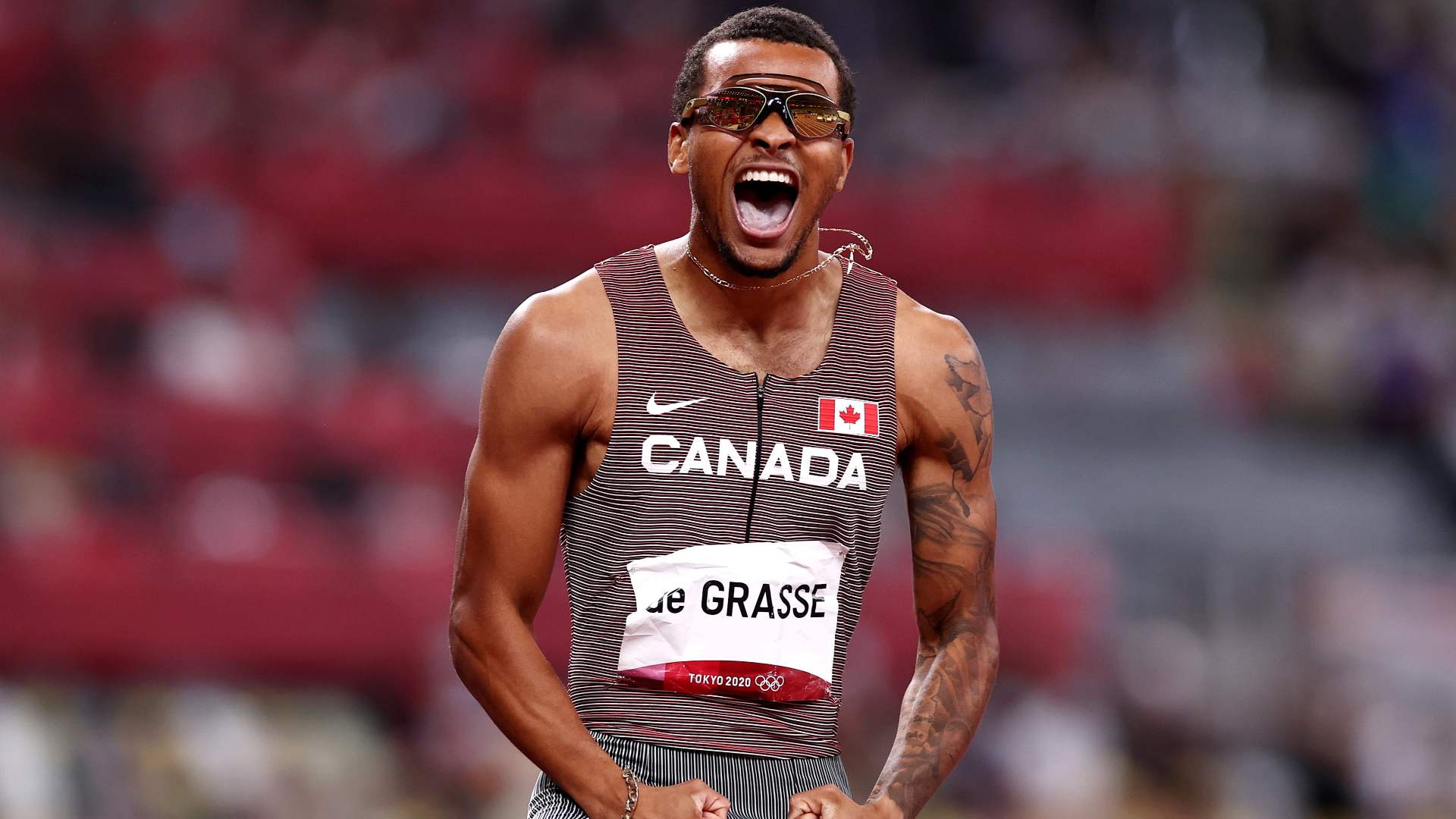 Andre De Grasse celebrating at the Tokyo Olympics 2020 (Twitter - @Olympics)