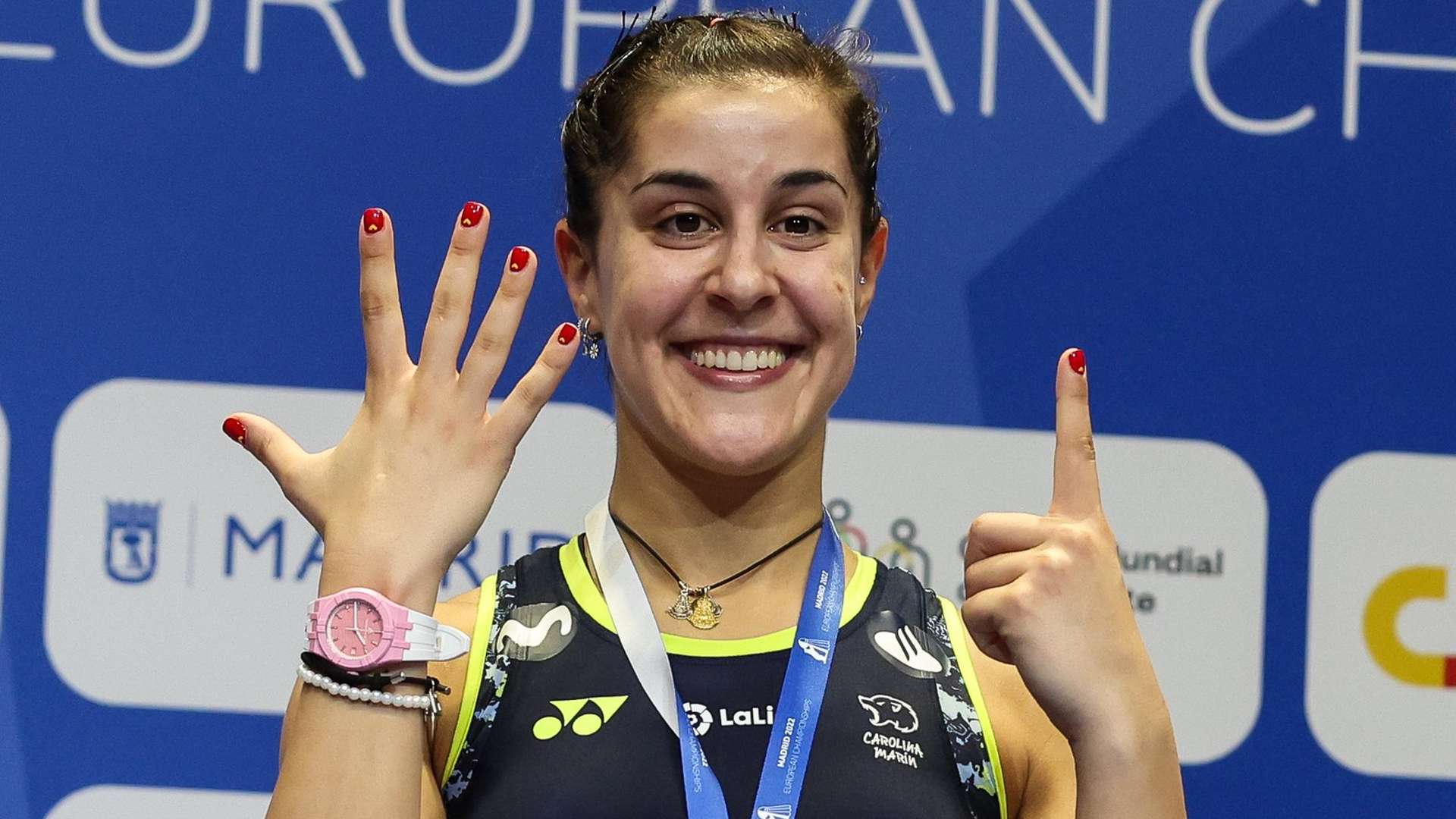 Carolina Marin after becoming the European champion in 2022 for the sixth-time (Image Credits - Twitter)